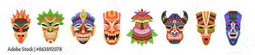 Tiki masks set. Colorful tribal totem heads. Ancient art, Hawaiian and African tikki face designs. Traditional ceremonial characters. Hand-drawn vector illustration isolated on white background