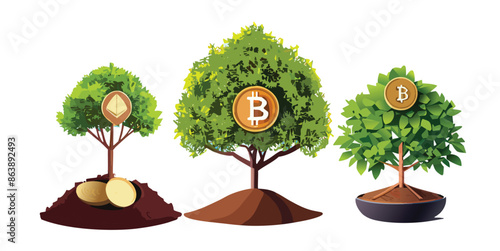 Coins on the tree. Business investment ideas coin tree planting and saving money tree coin tree money growth idea for bank or bank vector illustration.