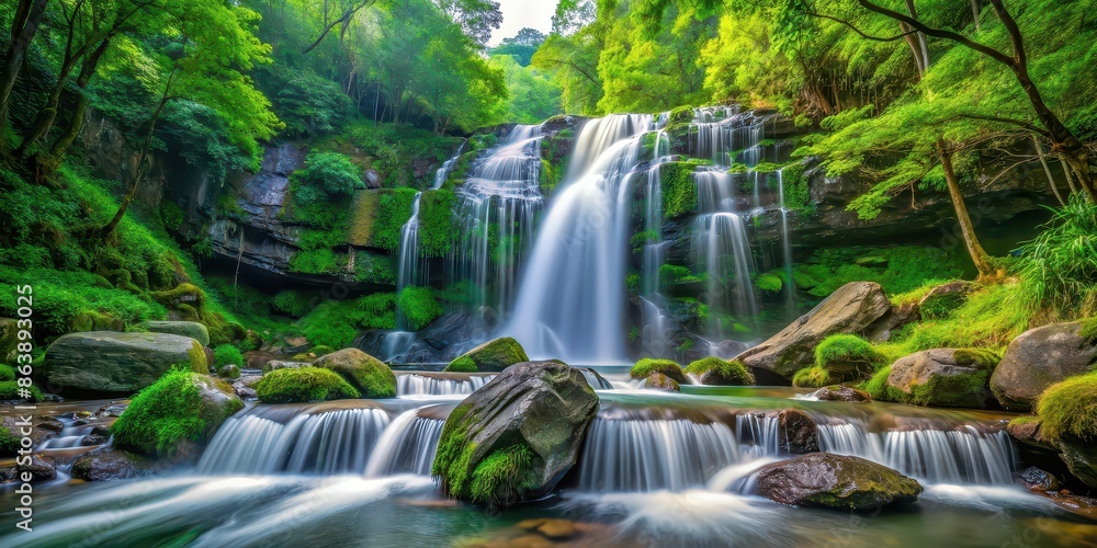 Waterfall cascading down rocks in a vibrant green forest setting, waterfall, lush, green, forest, nature, scenery, peaceful Waterfall cascading down rocks in a vibrant green forest setting, waterfall, lush, green, forest, nature, scenery, peaceful