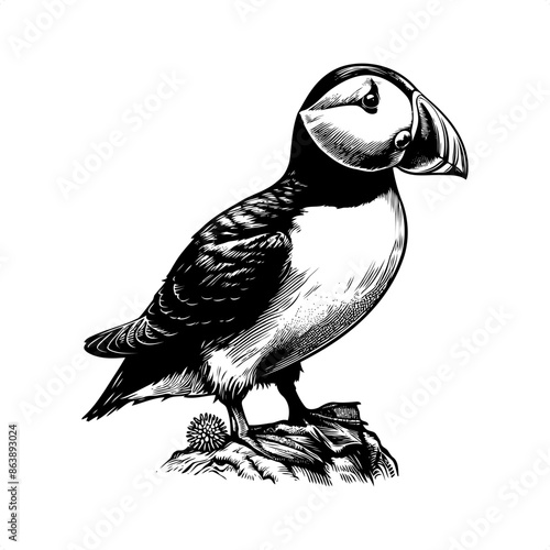 puffin in black and white animal illustration