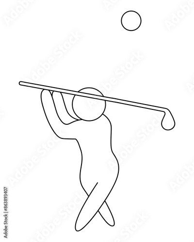 Golf. The athlete makes a swing using the swing technique. Sketch. The ball flies a long distance. A man hits the ball with a stick, his legs are crossed, the stick is held above his head in his hands