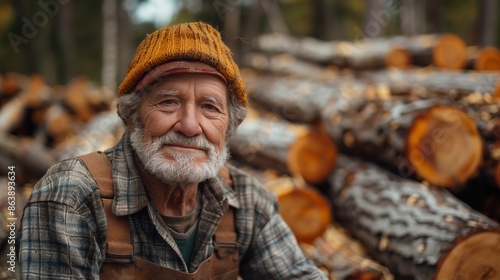 A worker clad in plaid and wearing a warm hat stands before a large stack of freshly cut timber logs at a wood processing facility.