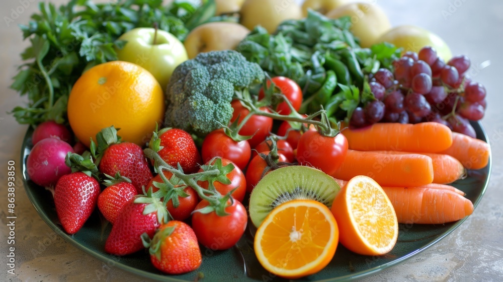 A plate of colorful vegetables and fruits, representing a vibrant and nutritious diet for a healthy lifestyle. A plate of colorful vegetables and fruits, representing a vibrant and nutritious diet for a healthy lifestyle.