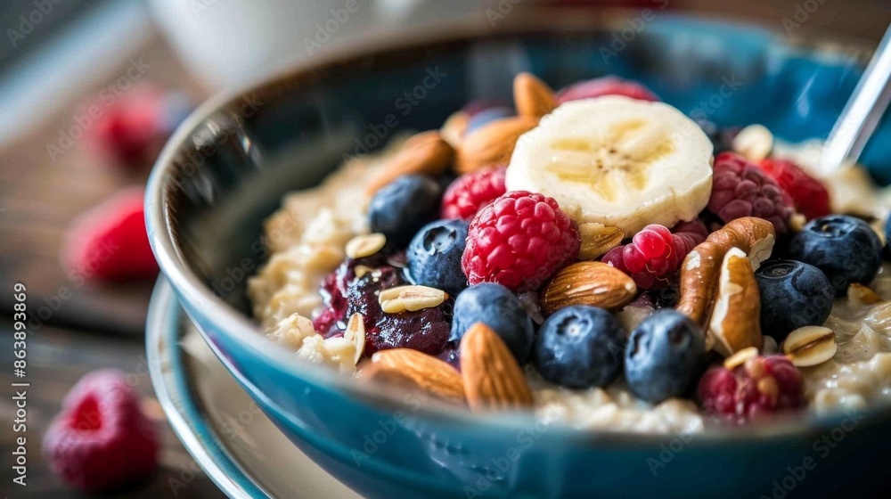 A close-up of a bowl of oatmeal with berries and nuts, showcasing a wholesome and energizing breakfast option. A close-up of a bowl of oatmeal with berries and nuts, showcasing a wholesome and energizing breakfast option.