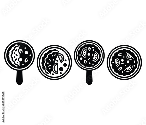 omelette tomato slice on plate pan kitchen icons vector design black white color illustration set isolated