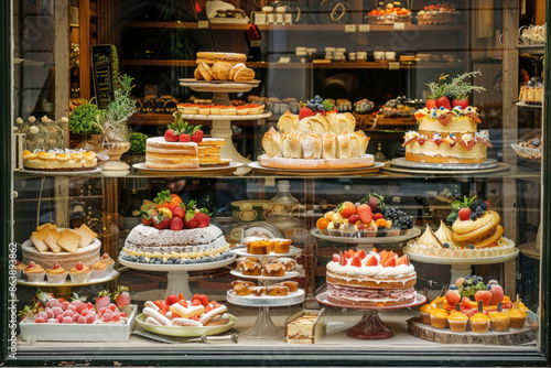 Pastry shop window with gourmet cakes and pastries