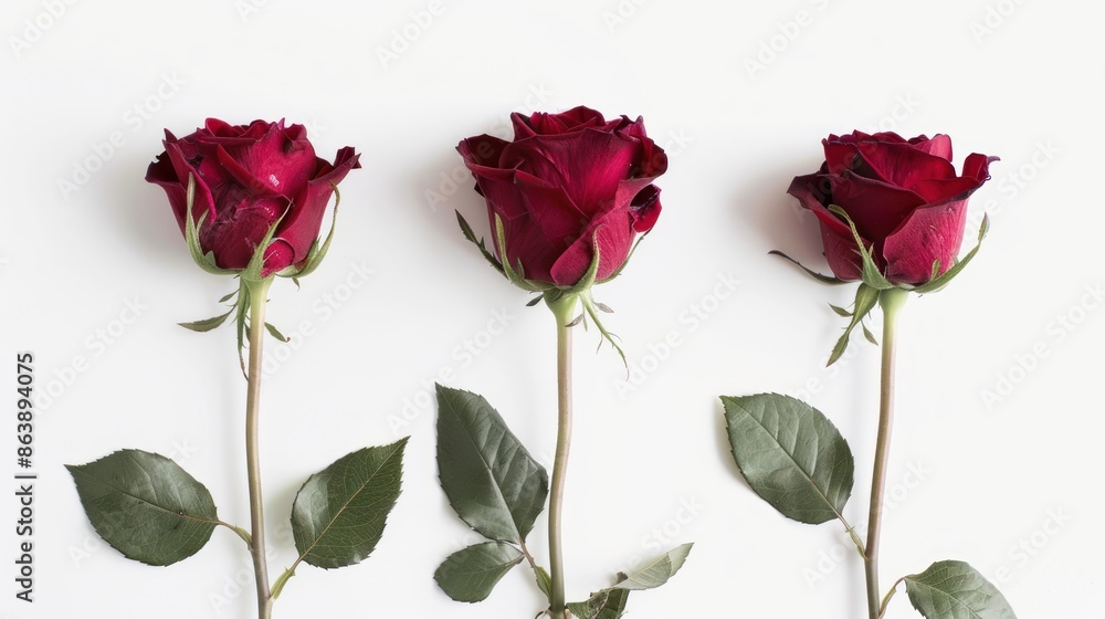 Three red roses in a row isolated on white background. Three red roses in a row isolated on white background.