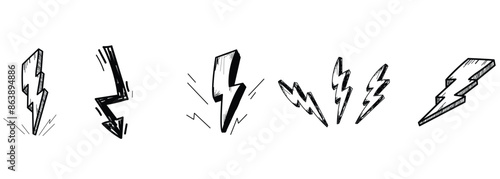 Lightning bolt icons set. Thunder hand drawn doodle. Vector illustration.eps10