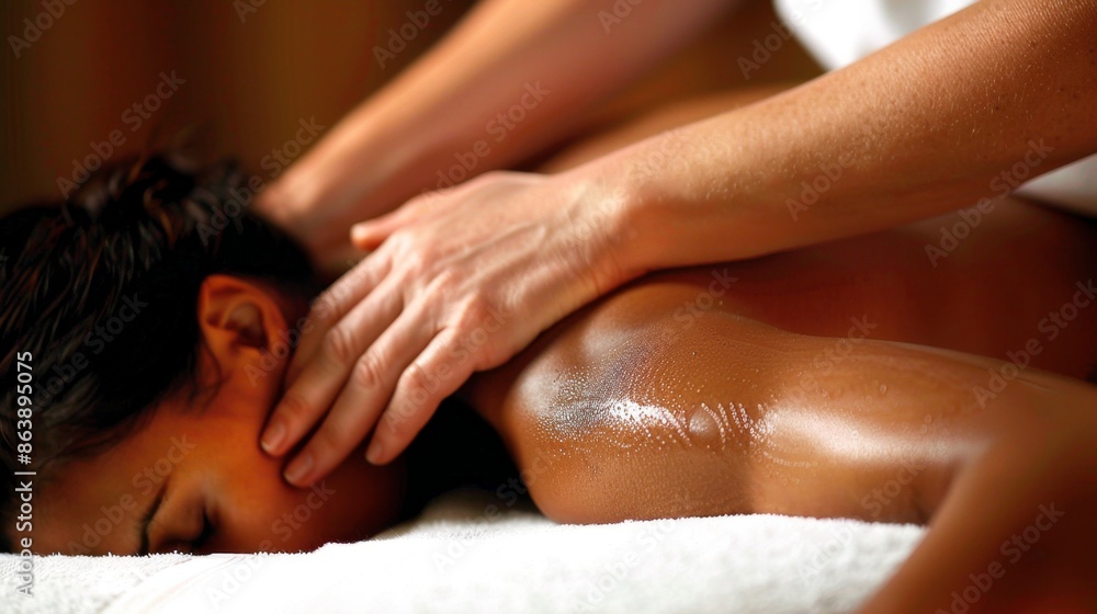 Fototapeta premium A view of a person enjoying a massage, capturing the relaxing and restorative effects of bodywork.