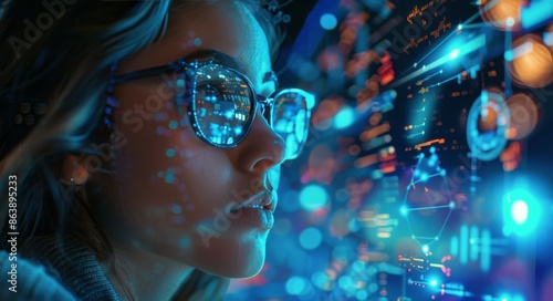 Woman Wearing Glasses Looking at a Computer Screen Filled With Blue Data