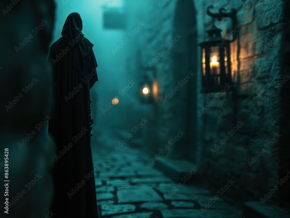 Mysterious Hooded Figure Walking Through Foggy Medieval Alleyway with Lanterns Mysterious Hooded Figure Walking Through Foggy Medieval Alleyway with Lanterns