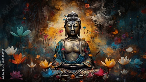 abstract, beautiful Magical, Mystical image of a buddha, painted metal, weathered, flowers, birds, beautiful auro of peaceful energy all around , generated by AI. High quality photo