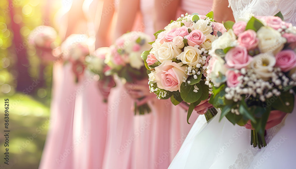 Row of Bride and Bridesmaids with Bouquets Row of Bride and Bridesmaids with Bouquets