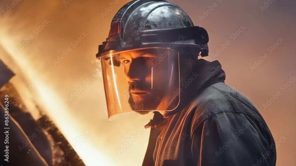 A Latino firefighter, drenched in sweat, battles a fierce night blaze. Wearing safety gear, he stands vigilant amidst the roaring flames. His determination is palpable as he defends against the A Latino firefighter, drenched in sweat, battles a fierce night blaze. Wearing safety gear, he stands vigilant amidst the roaring flames. His determination is palpable as he defends against the