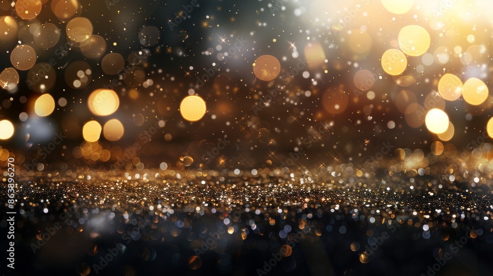 Naklejka premium Elegant Gold Glitter and Bokeh Lights Creating a Festive and Magical Atmosphere