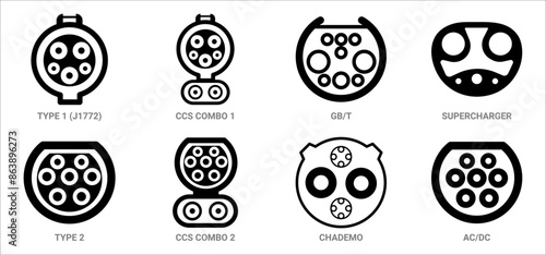 Types of electric vehicle plugs. standard charging connector plug and socket. Connectors for electric vehicles. electric car charge
