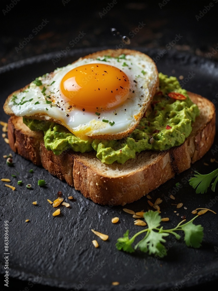 Yummy toast with guacamole and fried egg on top. Cinematic food photography