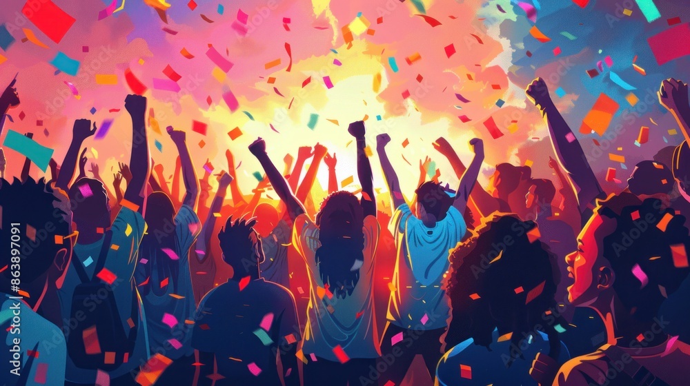 A lively 2D illustration of a diverse group of athletes celebrating their victories on the podium. The background includes vibrant confetti, cheering crowds, and a majestic sunset, highlighting the A lively 2D illustration of a diverse group of athletes celebrating their victories on the podium. The background includes vibrant confetti, cheering crowds, and a majestic sunset, highlighting the