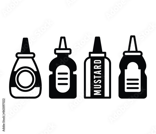 mustard sauce spicy bottle icons vector design black white color simple illustration collection set