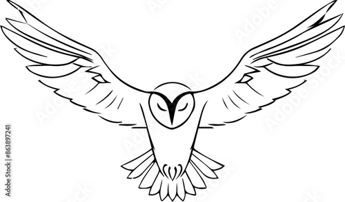 A black and white drawing of an owl with its wings spread out