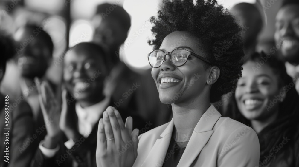 A woman wearing glasses and smiling is clapping in front of a group of people, great for motivational or educational settings A woman wearing glasses and smiling is clapping in front of a group of people, great for motivational or educational settings