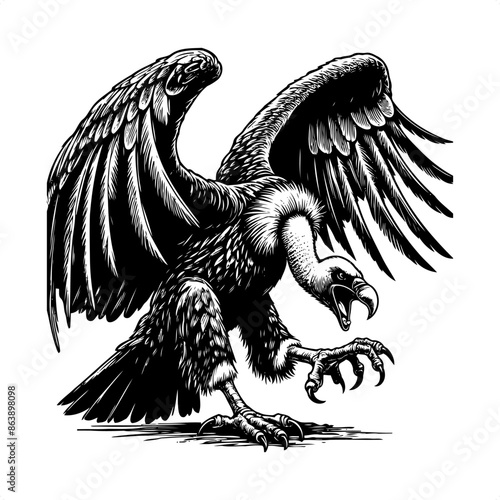 Vulture in black and white animal illustration