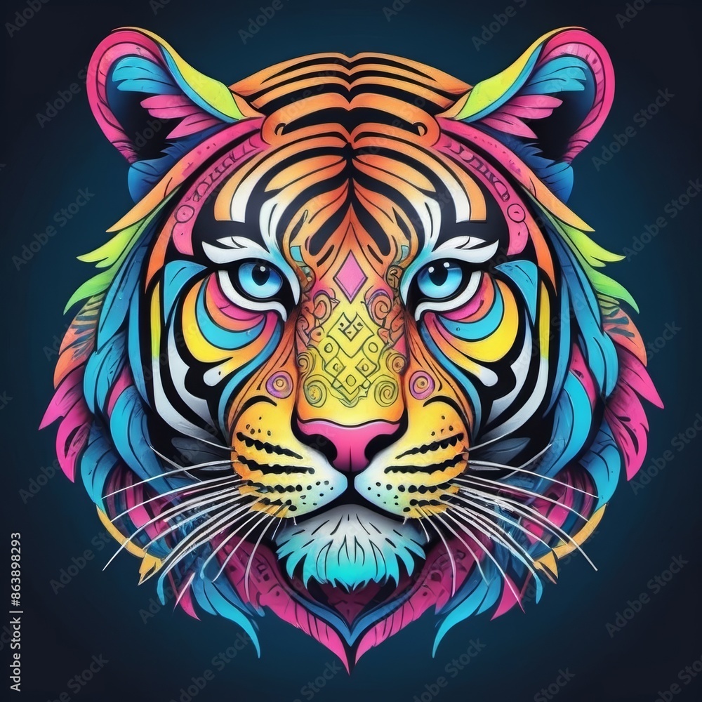 Illustration of a tiger's face with colorful patterns. Illustration of a tiger's face with colorful patterns.