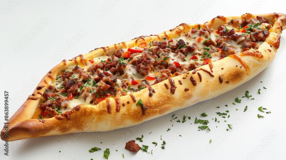 Meat and cheese pide on a white background Meat and cheese pide on a white background
