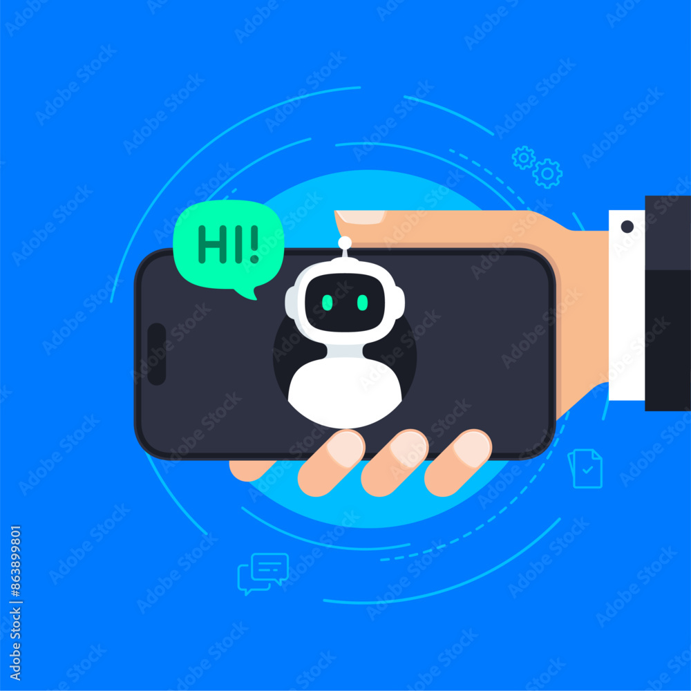 Chatbot concept. Hand holding smartphone with Bot that say Hi through the phone screen. Online communication with chat bot. AI robot customer support assistant. Vector illustration Chatbot concept. Hand holding smartphone with Bot that say Hi through the phone screen. Online communication with chat bot. AI robot customer support assistant. Vector illustration