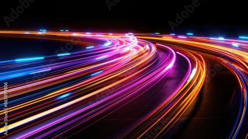 Nighttime highway shot with long exposure, featuring blurred traffic and headlights