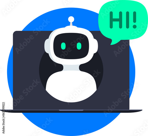 Chatbot icon design. Bot say Hi through the laptop screen. Online communication with chat bot. AI robot customer support assistant. Vector icon