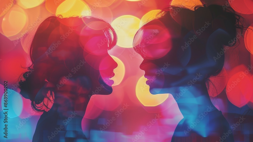 Abstract Silhouette Art of Women with Colorful Double Exposure and Bokeh Abstract Silhouette Art of Women with Colorful Double Exposure and Bokeh