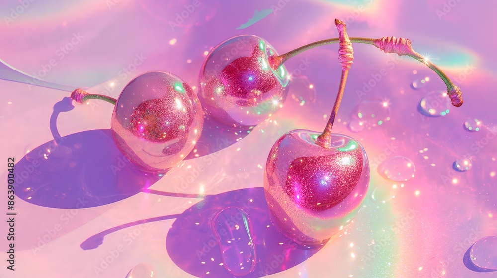 Glass Heart Cherries on a Sparkly Pink Canvas Glass Heart Cherries on a Sparkly Pink Canvas
