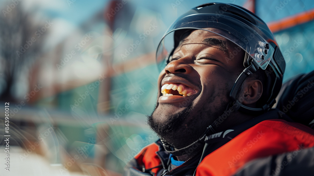 Candid African American black male hockey player smiling and laughing outside in wheelchair. Sport disabled people. Diversity and inclusion for minorities. Paralympics. Candid African American black male hockey player smiling and laughing outside in wheelchair. Sport disabled people. Diversity and inclusion for minorities. Paralympics.