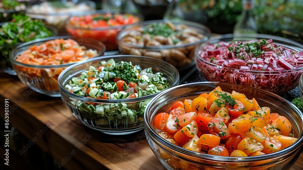 Assorted fresh vegetables in glass bowls Assorted fresh vegetables in glass bowls