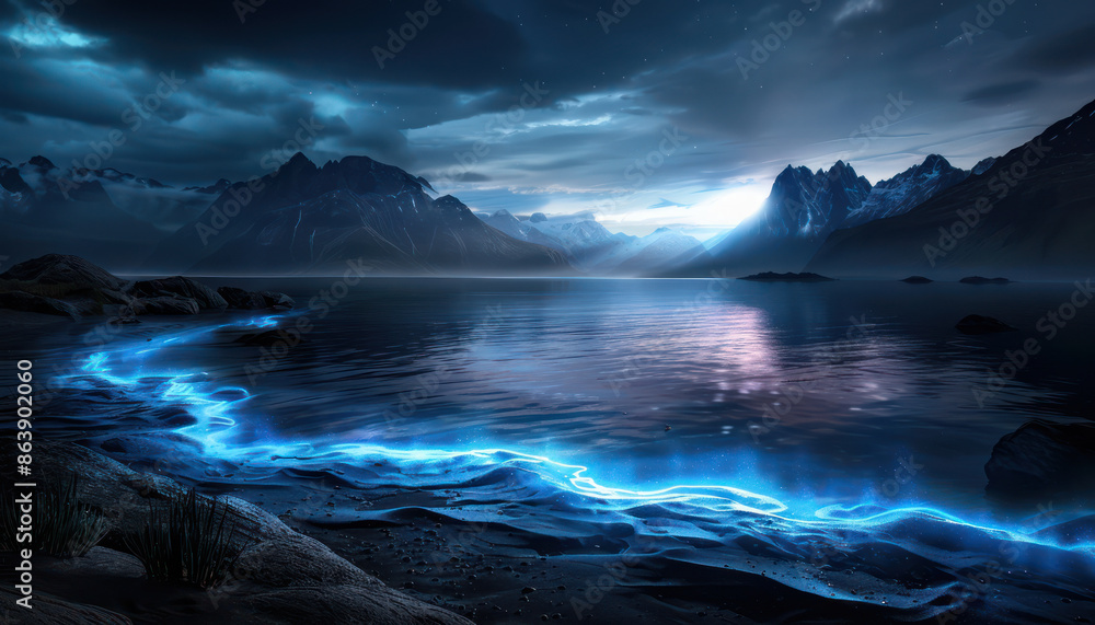 Fototapeta premium Experience the Magical Glow of Bioluminescent Bay at Night A Natural Wonder Captured in Stunning Images to Fuel Your Imagination and Evoke an Unforgettable Sense of Awe and Wonder