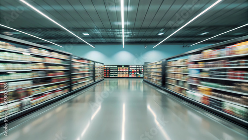 supermarket shelves with goods out of focus in motion