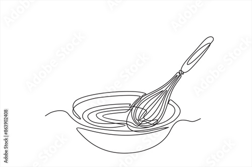 Continuous one line drawing of balloon Whisk and bowl. Balloon Whisk in a bowl simple outline vector illustration.