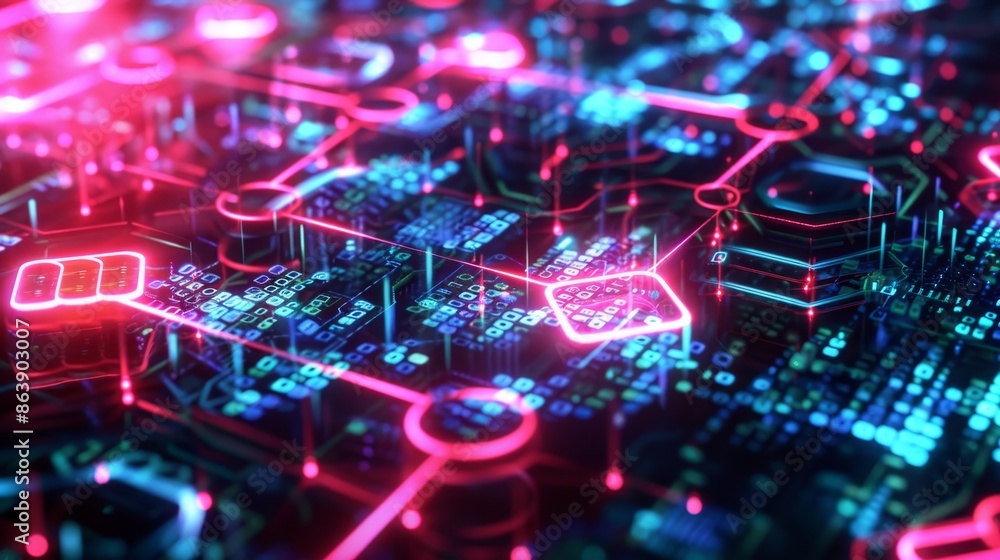 Futuristic digital composition with illuminated hexagons and geometric patterns at f1.8 Futuristic digital composition with illuminated hexagons and geometric patterns at f1.8
