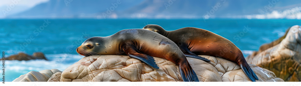 Fototapeta premium Sea Lions Sunbathing on Rocks Captivating Coastal Wildlife on a Sunny Day Discover Nature's Wonders with Stunning Images of Marine Mammals Enjoying the Sun in Beautiful Natural Settings