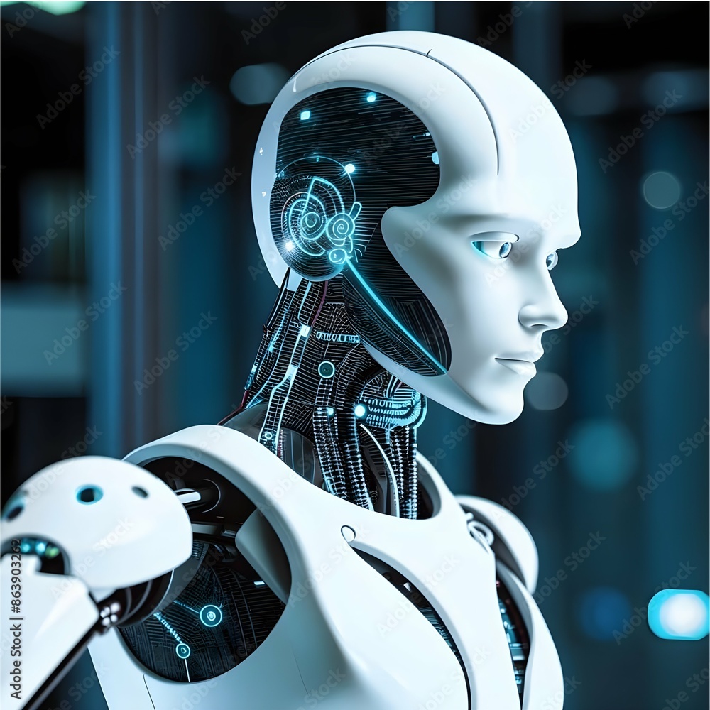 Innovation, the concept of globalization and technology development, a humanoid robot with artificial intelligence Innovation, the concept of globalization and technology development, a humanoid robot with artificial intelligence