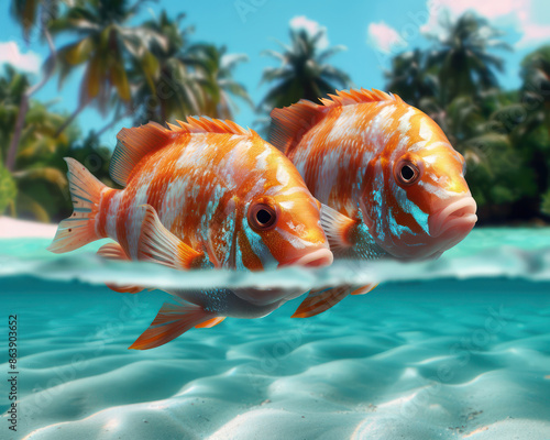Stunning Tropical Fish Swimming Near the Surface, Vibrant Marine Life in Crystal Clear Waters, Perfect for Colorful Underwater Photography and Ocean Lovers photo
