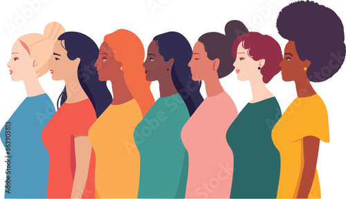 A group of women stand in a line, each wearing a different colored shirt