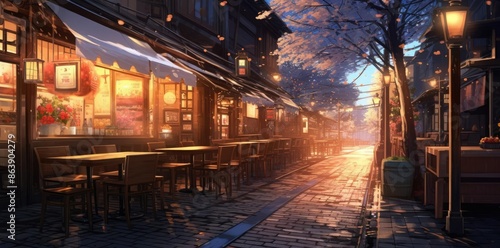 Evening Street Scene with Cherry Blossoms - Illustration