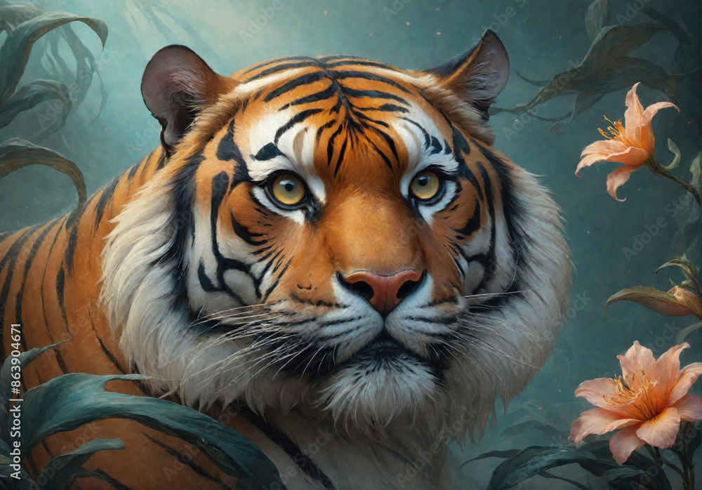 Fantasy Illustration of a wild animal tiger. Digital art style wallpaper background. Fantasy Illustration of a wild animal tiger. Digital art style wallpaper background.