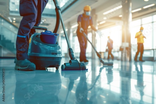 Office Building Cleaning Service Staff Using Vacuum Cleaner with Business People in Background