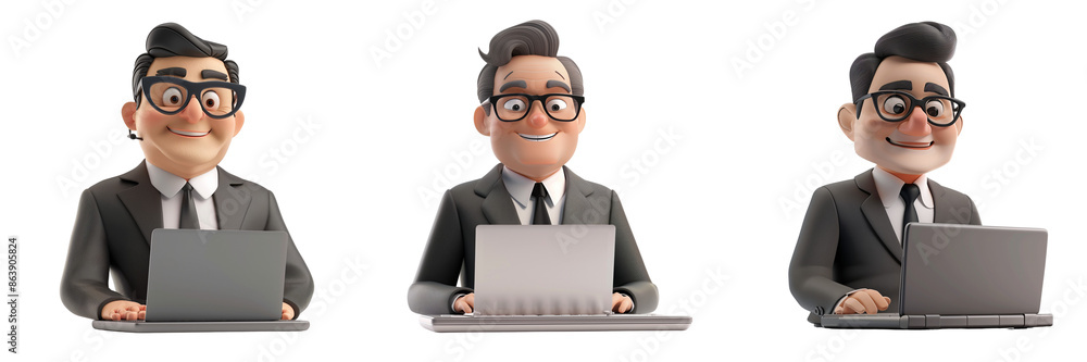Set of A cheerful 3D businessman working on a laptop in a sleek isolated on transparent background Set of A cheerful 3D businessman working on a laptop in a sleek isolated on transparent background