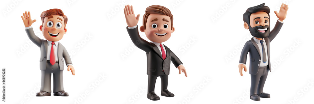 Set of A happy 3D businessman celebrating a successful deal with a high-five isolated on transparent background Set of A happy 3D businessman celebrating a successful deal with a high-five isolated on transparent background