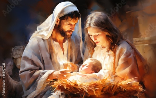 Ethereal Nativity: Serene Watercolor Illustration of Mary, Joseph, and Baby Jesus in Manger Surrounded by Animals in Soft Glowing Light