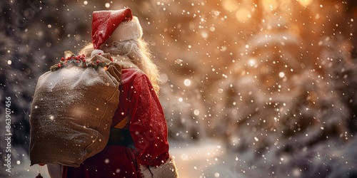 Santa Claus in Snowy Forest Carrying Sack at Sunset photo